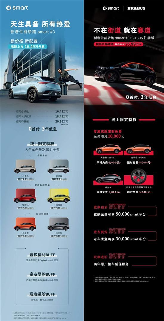 新款smart精灵#3上市 售16.49-25.99万元